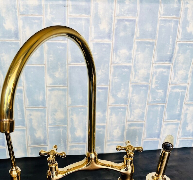 Unlacquered Solid Brass Kitchen Faucet for Farmhouse Elegance Crooked Bridge faucet V-Style solid kitchen brass tap image 10