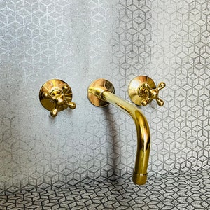 Unlacquered Brass Wall Mount Bath Faucet Hot and Cold Bathroom Faucet With Traditional Handles image 6