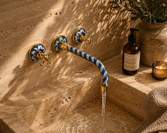 Unlacquered Brass Wall Mount Bathroom Faucet with Blue Resin & Bone Handles