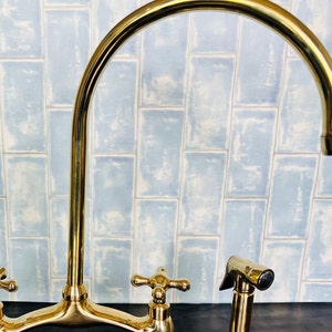 Unlacquered Solid Brass Kitchen Faucet for Farmhouse Elegance Crooked Bridge faucet V-Style solid kitchen brass tap image 9