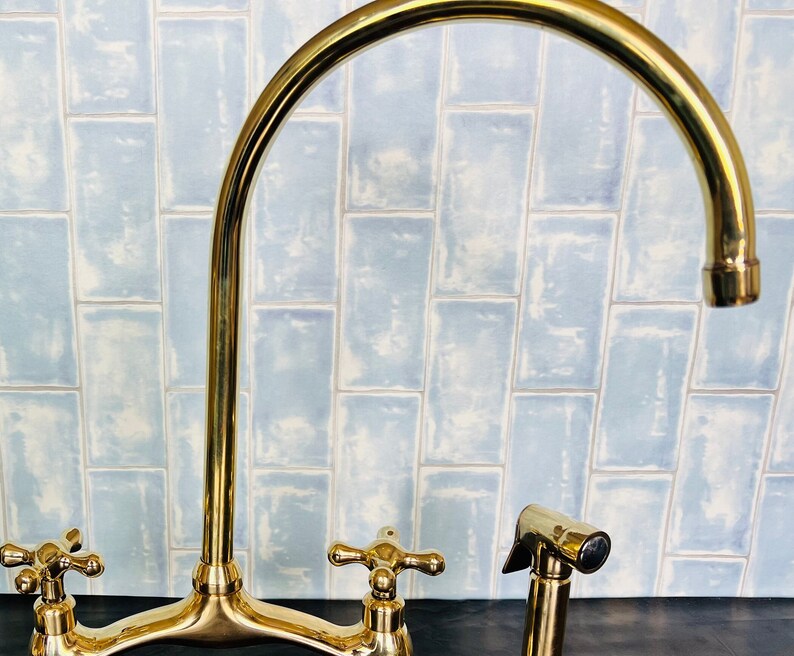 Unlacquered Solid Brass Kitchen Faucet for Farmhouse Elegance Crooked Bridge faucet V-Style solid kitchen brass tap image 9