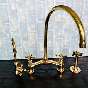 Unlacquered Solid Brass Kitchen Faucet for Farmhouse Elegance Crooked Bridge faucet V-Style solid kitchen brass tap image 1