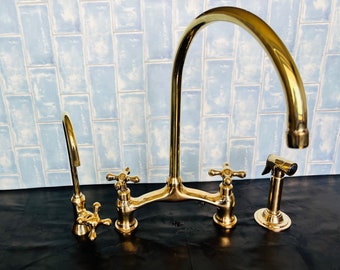 Unlacquered Solid Brass Kitchen Faucet for Farmhouse Elegance - Crooked Bridge faucet V-Style - solid kitchen brass tap