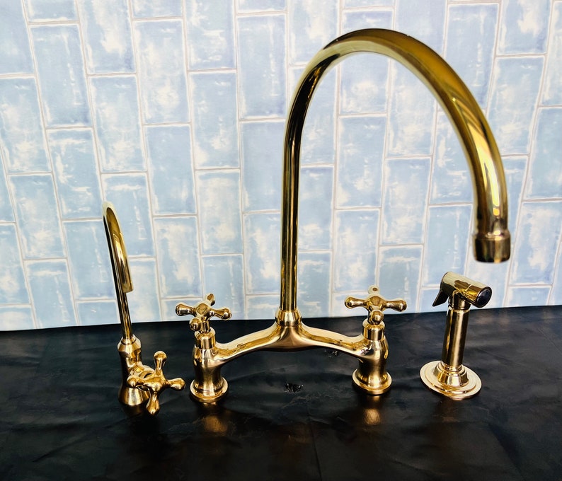 Unlacquered Solid Brass Kitchen Faucet for Farmhouse Elegance Crooked Bridge faucet V-Style solid kitchen brass tap image 1