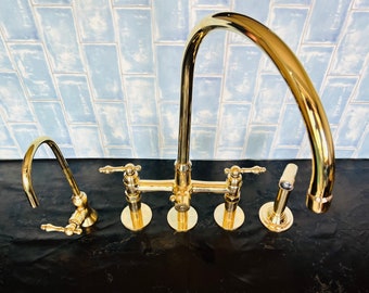 Three Columns Unlacquered Brass Kitchen Bridge Faucet With Side Sprayer and Cold Water Tap - Strong kitchen faucet with Straight Legs