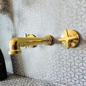 Unlacquered Brass Wall Mounted Faucet, Handcrafted Brass Bathroom Faucet, Bathroom Vanity Faucet