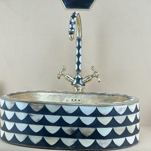 Resin Bone Inlay Vessel Sink: Black & White Scale Pattern, Brass Faucet
