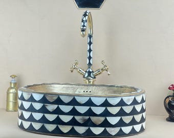 Resin Bone Inlay Vessel Sink: Black & White Scale Pattern, Brass Faucet