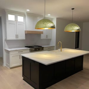 Set of Two Brass Dome Pendant Lights: Hammered Metal Kitchen Lighting