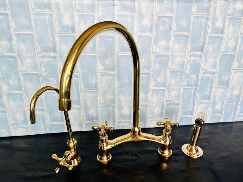 Unlacquered Solid Brass Kitchen Faucet for Farmhouse Elegance Crooked Bridge faucet V-Style solid kitchen brass tap image 2