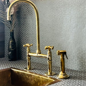 Solid Brass Bridge Kitchen Faucet with straight Legs - Unlacquered Finish