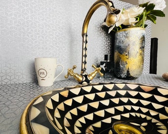 Handcrafted Unlacquered Brass Bathroom Faucet – Vintage Single Hole Mixer Tap - decorative faucet Black resin design