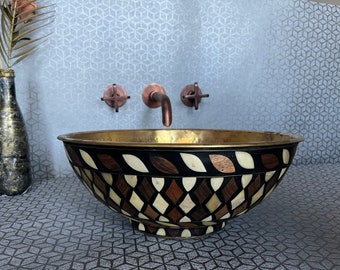 Brass Basin Studded With Wood and black Resin with bone - Bathroom Vessel Sink in Unlacquered brass