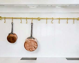 Rustic Brass Kitchen Rail System with 5 S-Hooks - 24" Wall Mounted Pot and Pan Hanger - Vintage Farmhouse Cookware Storage Rack