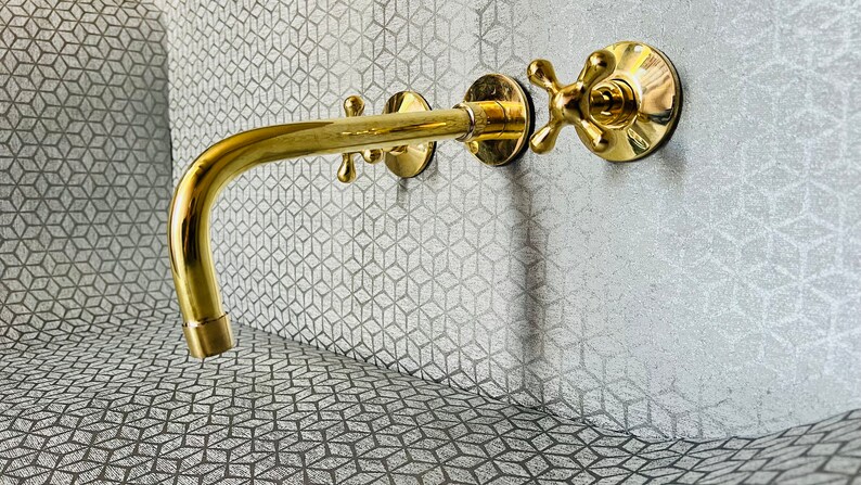 Unlacquered Brass Wall Mount Bath Faucet Hot and Cold Bathroom Faucet With Traditional Handles image 4