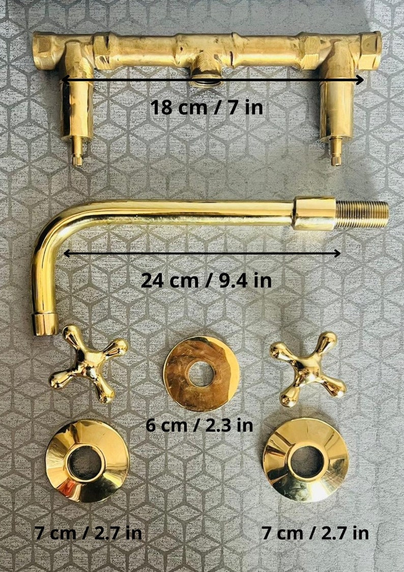 Unlacquered Brass Wall Mount Bath Faucet Hot and Cold Bathroom Faucet With Traditional Handles image 9