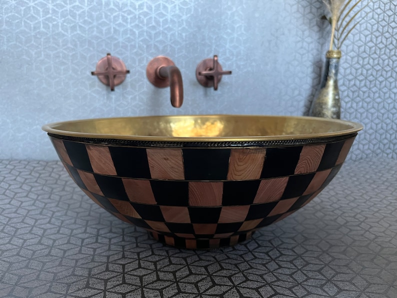 15 Modern design Brass Bathroom Sink bathroom vanity with single sink wood and resin Bowl Sink image 1