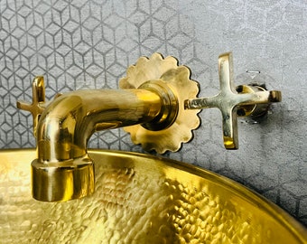 Handcrafted Solid Brass Wall Mount Tub Filler with 6’’ Etched Spout - Bathroom Faucet in unlacquered brass