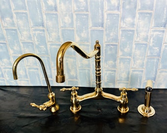 Heavy Brass Bridge Kitchen Faucet - V Shaped Unlacquered Brass kitchen tap with side sprayer