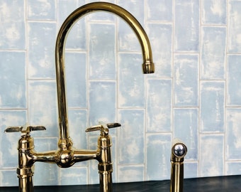 Vintage-Inspired Unlacquered Brass Faucet - Elegant Bridge Center Ball Design with side sprayer
