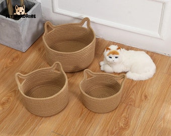 Hand-Woven Cotton Rope Cat's ear Nordic Storage Baskets - Nordic Style Cotton Rope Storage Basket - Stylish Organization for Home and Dorm