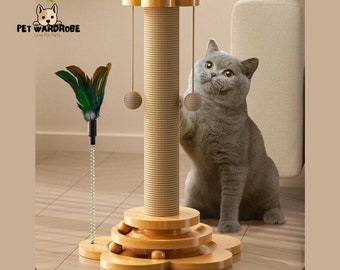 Handcrafted Solid Wood Cat Turntable Toy with Sisal Scratching Board and Balls for Endless Feline Fun