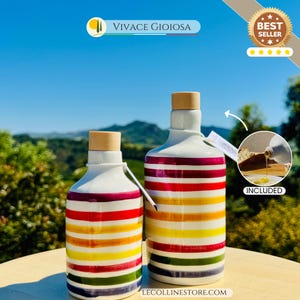 Keramikflasche Ölspender Olivenölflasche Essigflasche mit Ausgießer handgemacht in Italien Ölkännchen Tischdeko bunte Linien 250ml 500ml