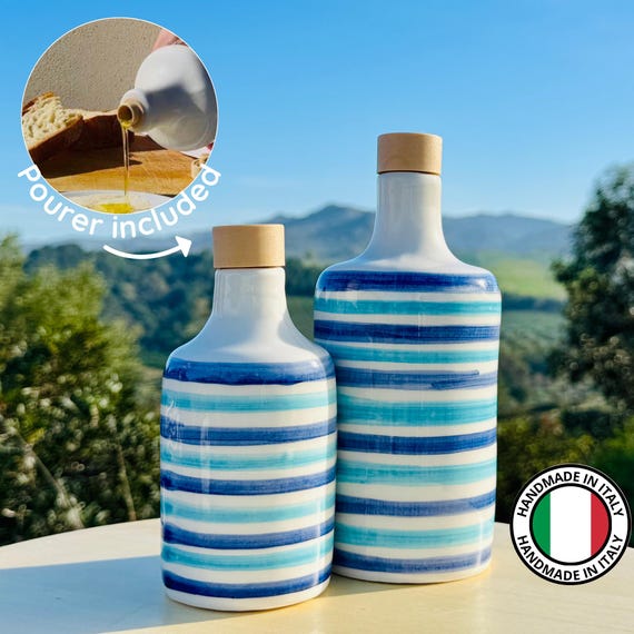 Keramikflasche Ölspender Essigflasche handgemacht aus Italien Mediterrane blaue Linien Geschenk Dekoration für Küche Haus Tisch Ölkännchen.