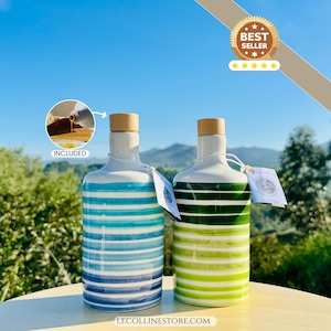 Oildispenser Ceramic oil bottle Italian handmade handpainted blue or green lines olive oil serverhome decor vinegar cruet gift wedding favor