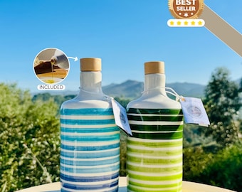 Dozownik do oleju, butelka ceramiczna, butelka na ocet, ręcznie robione we Włoszech, zielone lub niebieskie linie, pomysł na prezent, dekoracja kuchni, stołu, pojemnik na olej.