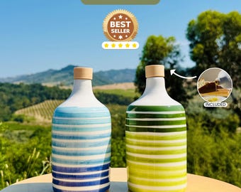 Oliera Bottiglia di ceramica italiana fatta a mano per olio d’oliva aceto linee blu o verdi dipinte a mano regalo 250/500ml idea regalo