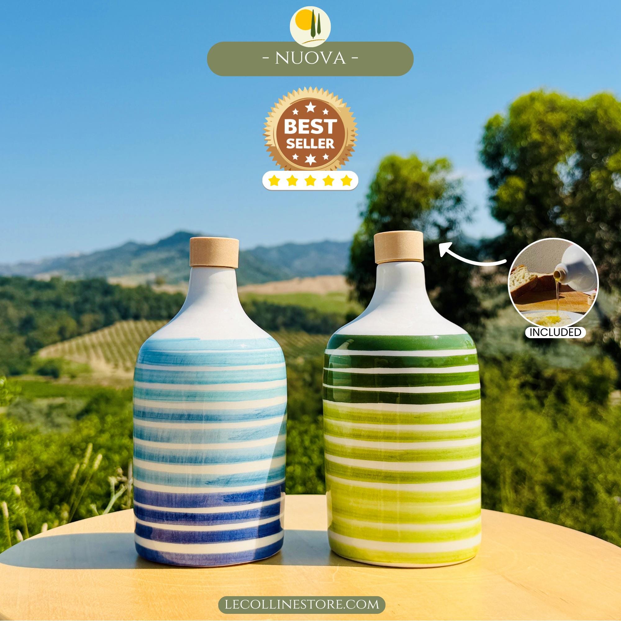 Ölspender Keramikflasche olivenöl flasche Essig leer handgemacht in Italien grüne oder blaue Linien Geschenkidee Deko Küche Tisch Ölkännchen