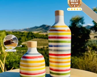 Ceramic bottle Italian handmade oil Dispenser cruet with pourer 'Vivace' color striped vinegar server kitchen gift home decor 200ml 500ml