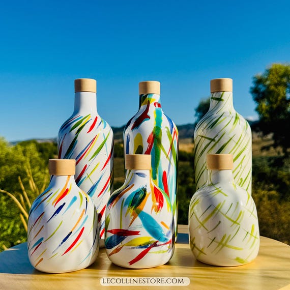 Keramikflasche Ölspender bunte Olivenölflasche Essigflasche mit Ausgießer handgemacht Italien Ölkännchen Tischdeko 200ml 500ml 'Le Colline'