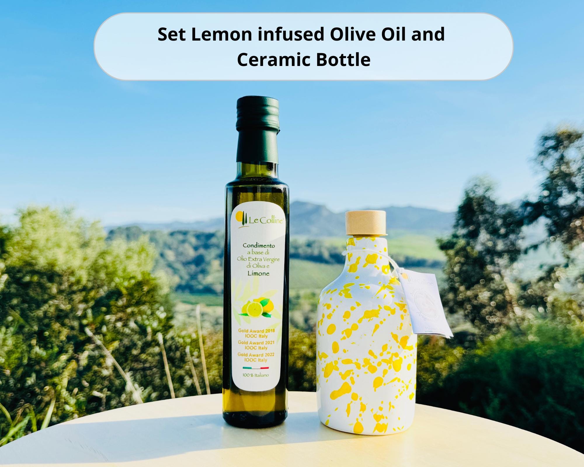 italian kitchen Gift Set awardwinning Lemon or chili infused Olive Oil with Hand painted Ceramic Bottle Oil dispenser gourmet set 250ml