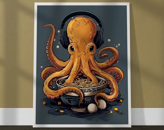 Póster de pulpo ramen, divertido dibujo animado japonés (descarga digital)