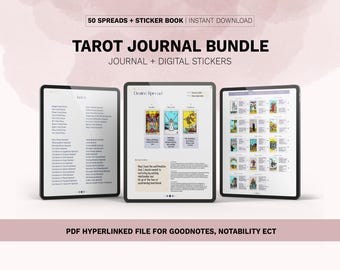 May include: A digital download bundle for tarot journaling, featuring 50 spreads and a sticker book. The image shows three open pages on a tablet screen, with a table of contents, a spread called "Desire Spread", and a page of tarot card stickers.