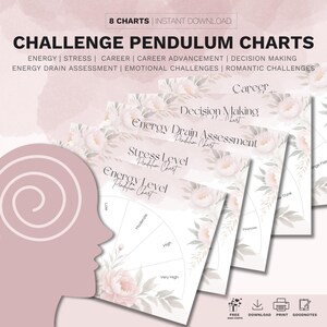 May include: Eight printable pendulum charts with floral designs. The charts are titled: Career, Decision Making, Energy Drain Assessment, Stress Level, and Energy Level. The charts are designed to help you assess your energy levels, stress levels, and decision-making abilities.