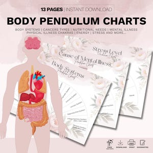 May include: A set of 13 printable body pendulum charts featuring a floral design. The charts cover topics such as body systems, types of cancer, nutritional needs, mental illness, physical illness, chakras, energy, and stress levels. The charts are designed for use with a pendulum for dowsing.