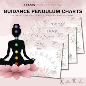 May include: Digital download of guidance pendulum charts. The image features charts for Chakras, Zodiac, Archangels, and Major Arcanas. A black silhouette of a person in a lotus position is in the foreground, with a pink lotus flower base. The text "GUIDANCE PENDULUM CHARTS" is at the top.