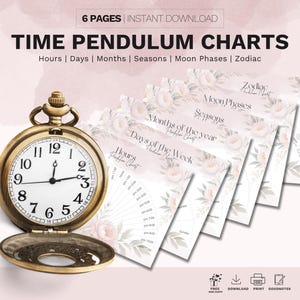 May include: Six printable pendulum charts with floral designs. The charts include hours, days, months, seasons, moon phases, and zodiac signs.