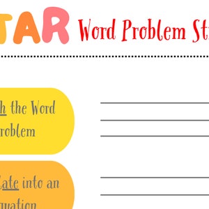 Op de afbeelding: Een printbaar werkblad met het woord "STAR" in kleurrijke letters en de tekst "Woordprobleemstrategie" in rood. Het werkblad heeft twee gele vakken met de tekst "Zoek het woordprobleem" en "Vertaal naar een vergelijking" in grijs.