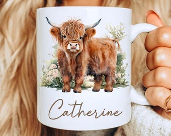 Cow Mugs, Highland Cow Mug, Personalized Cow Mug, Highland Cow Coffee Cup, Custom Name Mug, Cute Farm Gift for Women