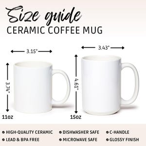 May include: White ceramic coffee mugs with C-handles. The size guide shows two mugs: one is 9.5 cm tall, 8 cm wide, and holds 312 ml; the other is 11.7 cm tall, 8.7 cm wide, and holds 425 ml. Features include high-quality ceramic, dishwasher and microwave safe, and a glossy finish.