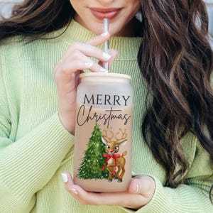 Reindeer Christmas Iced Coffee Glass With Bamboo Lid And Glass Straw, Holiday Iced Coffee, Christmas Coffee Glass, Christmas Glass Tumbler