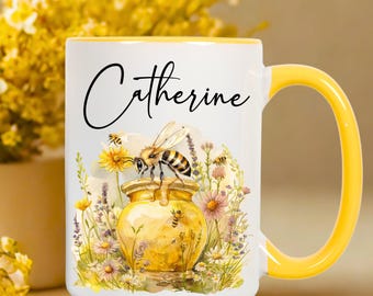 Bee Mug Personalized, Bee Glass Cups, Honey Bee Mug With Floral Arrangement, Honey Bee Mug, Bee Coffee Cup, Bee Lover Gifts, Honey Pot Mug