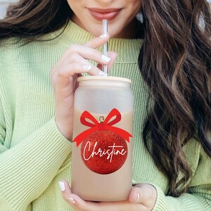 Iced Coffee Glass Christmas, Name Glasses, Personalized Christmas Iced Coffee Cup, Christmas Iced Coffee Mug, Holiday Iced Coffee Cup Gift