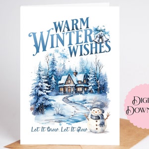 Tarjeta navideña, cálidos deseos de invierno, que nieve, que brille, tarjeta de cabaña en la nieve con muñeco de nieve, tarjeta navideña de 5 x 7 pulgadas, escena nevada