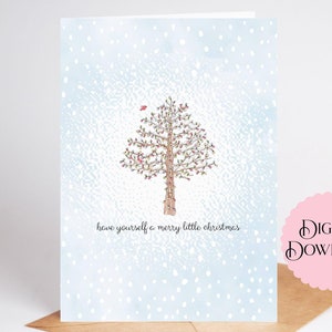 Regalati un allegro piccolo biglietto di auguri natalizio, un piccolo albero dolce con alberi di Natale colorati e due uccelli cardinali rossi, stampa o scarica
