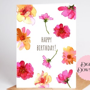 Floral Birthday Card, Pink, Yellow and Orange Watercolor Floating Flower Happy Birthday Card, 5x7 in print pdf and 5x7 instant download jpg